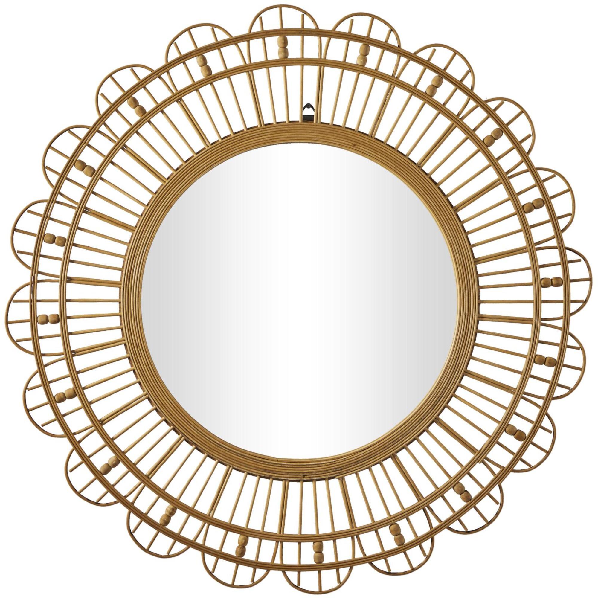 35" Brown Handmade Bamboo Woven Wall Mirror with Beaded Accents